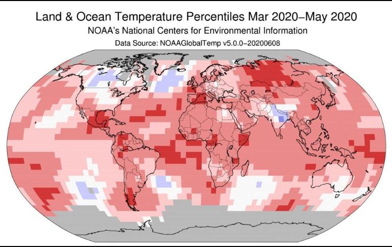Las temperaturas en superficies terrestres fijaron un récord de calor, mientras que las oceánicas quedaron en segundo lugar. TWITTER/@NOAA