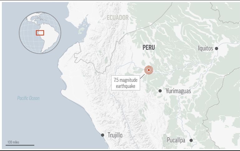 Ell terremoto se registró a las 05:52 locales (04:52 horas tiempo de México) con epicentro a 98 kilómetros al este de Santa María de Nieva en Condorcanqui, Amazonas. AP /