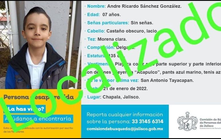 La Comisión de Búsqueda de Personas de Jalisco confirma la localización del menor André Ricardo Sánchez González, desaparecido ayer. ESPECIAL