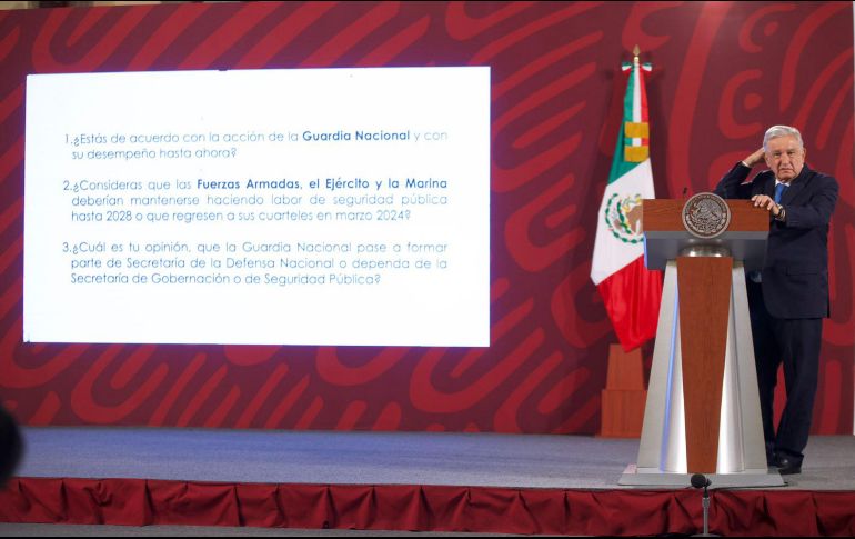 López Obrador compartió en la mañanera las posibles preguntas que se estarían haciendo como parte de la consulta popular sobre las Fuerzas Armadas. SUN/ G. Espinosa