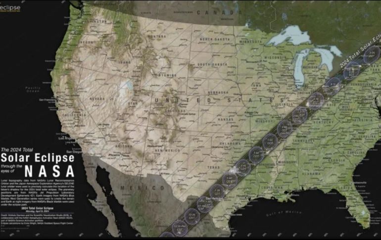 El eclipse solar saldrá de México y continuará por Estados Unidos y Canadá. NASA / CORTESÍA